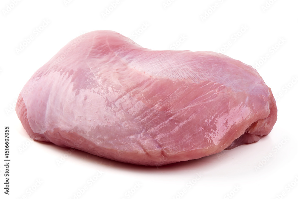 Raw turkey breast fillet on black slate plate, isolated on white background. Raw turkey breast fillet on black slate plate, isolated on white background.