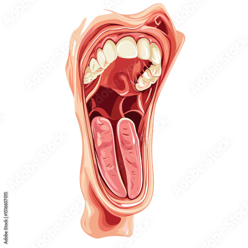 Illustration of Human Mouth Anatomy Including Tongue Teeth and Throat Open Structure Medical Diagram in White Background