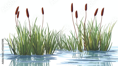 Serene River Landscape with Bulrush Plants Vector Illustration