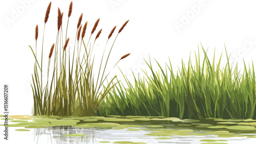 Serene River Landscape with Bulrush Plants Vector Illustration