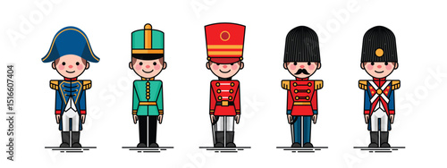 Vintage wooden toy soldier, the nutcracker, cute cartoon illustration of traditional soldiers or guardsman in historical uniform. Flat vector style.