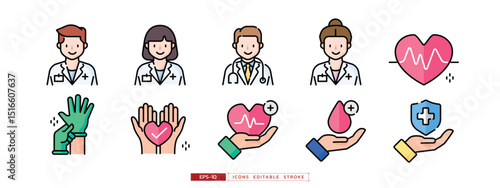 Doctors character icon set includes doctor in various uniform. Modern cartoon style. Editable stroke and flat vector illustration isolated on white background.