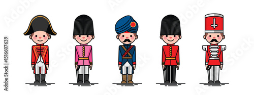 Vintage wooden toy soldier, the nutcracker, cute cartoon illustration of traditional soldiers or guardsman in historical uniform. Flat vector style.