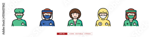Doctors character icon set includes doctor in various uniform. Modern cartoon style. Editable stroke and flat vector illustration isolated on white background.
