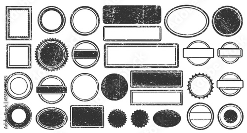 Stamps frames vector icon shape set. Stamp grunge ink rubber labels sign collection. Isolated on white background. Black round and square stamp border pack.