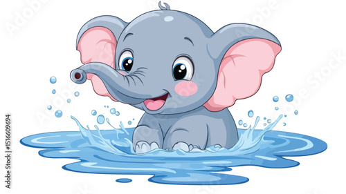 Adorable Cartoon Baby Elephant Playing in Water Vector Illustration