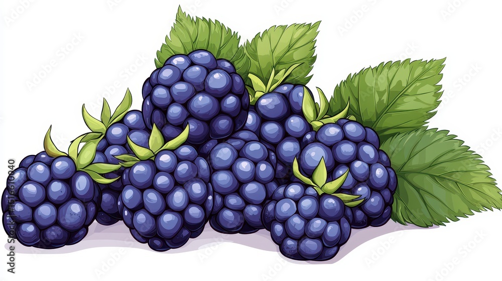 Fototapeta premium Ripe Blackberries with Green Leaves on White Background