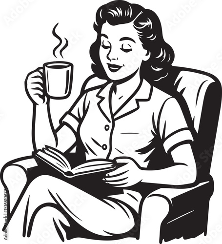 woman reading a book and drinking coffee or tea