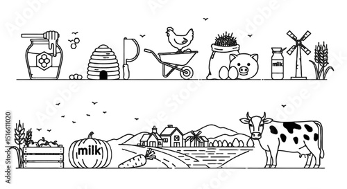 Farm animals crops and tools in rural landscape with milk and honey
