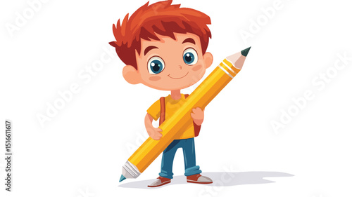 Creative Cartoon Boy with Big Pencil - Vector Illustration