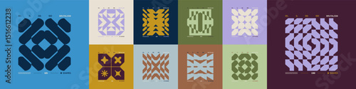 Kit of Postmodern geometric compositions with abstract shapes in brutalism aesthetics, mosaic of brutal figures, trendy color retro futuristic elements, vector modernist ornament, cards art 13