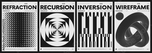 Modern abstract poster collection, vector minimalist posters with geometric shapes in black and white, brutalist style inspired graphics, bold aesthetic, shape distortion effect set 16