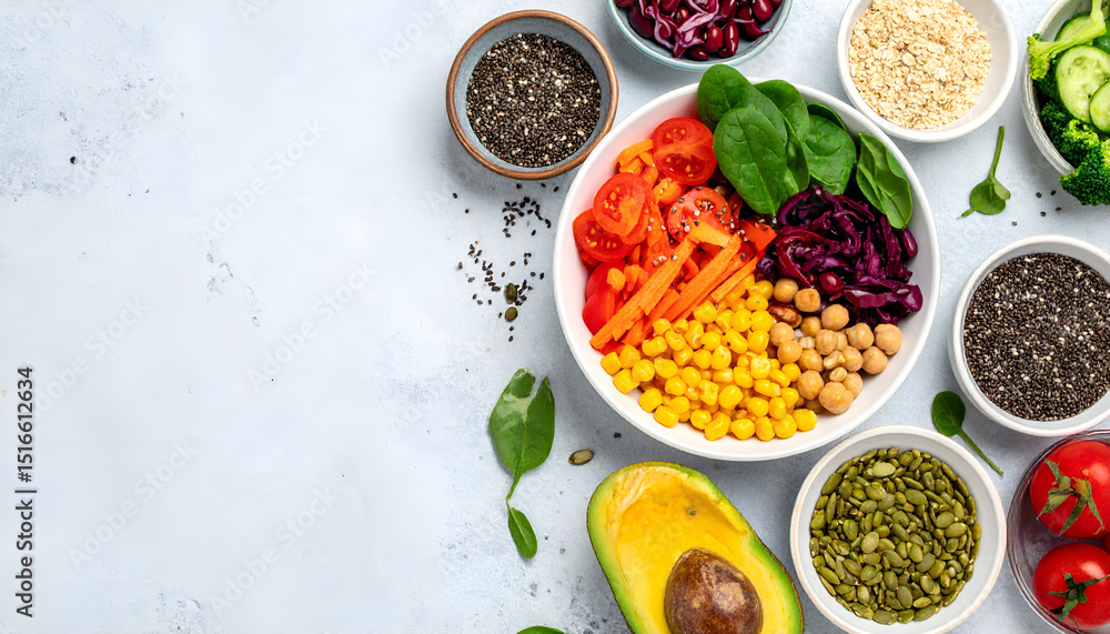 Healthy Plant-Based Meal Flat Lay with Colorful Vegetables and Seeds – Vegan Diet and Clean Eating Concept
Healthy Plant-Based Meal Flat Lay with Colorful Vegetables and Seeds – Vegan Diet and Clean Eating Concept