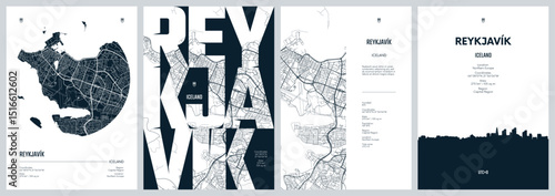 Set of travel posters with Reykjavik, detailed urban street plan city map, Silhouette city skyline, vector artwork