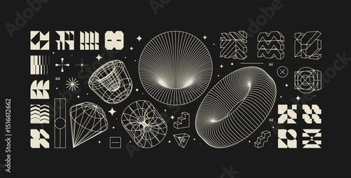 Vector graphic assets kit acid style, Postmodern abstract geometric shapes with wireframe elements of different forms, Y2K trendy design in brutalism aesthetic, template symbols set 14