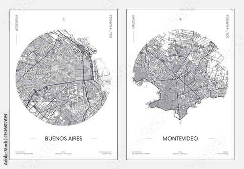 Travel poster, urban street plan city map Buenos aires and Montevideo, vector illustration