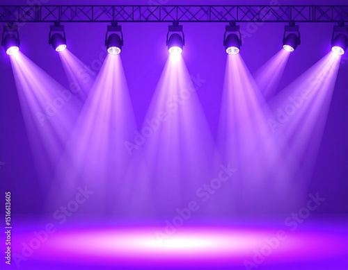 Purple stage lit by spotlights