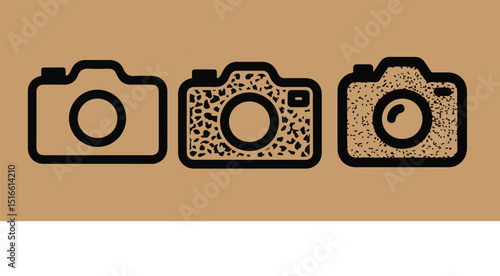 Camera Icon Vector Outline – Photography, Image, and Capture Symbol with Grunge Texture on Beige Background