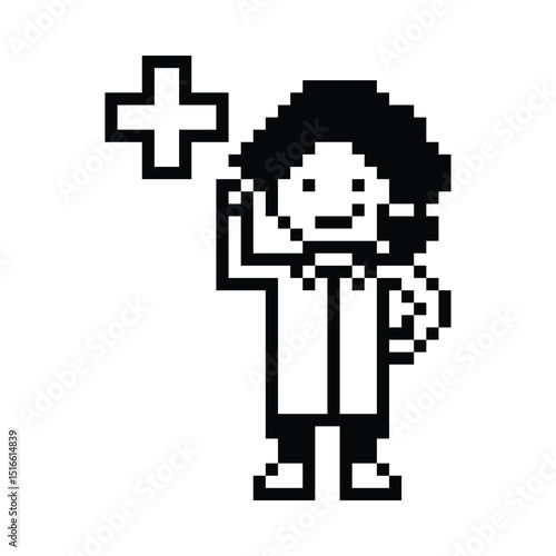 Pixel cute cartoon 8 bit character woman doctor scientist game care decoration pharmacist female doctor uniform lady medicine hospital 8 bit woman pixel art 8bit png vector.