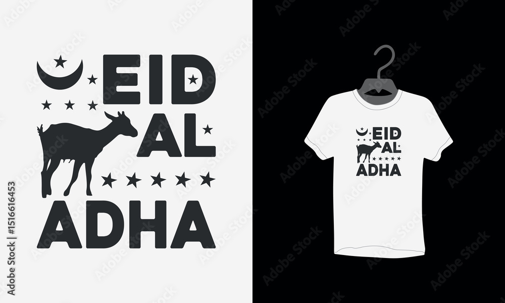 Obraz premium Eid t-shirt design, Eid Mubarak typography t shirt, Eid festival, animal icon, moon and lanterns, Mosque, Vector illustration, Eid Mubarak Greeting Card, poster, religion, invitation,
