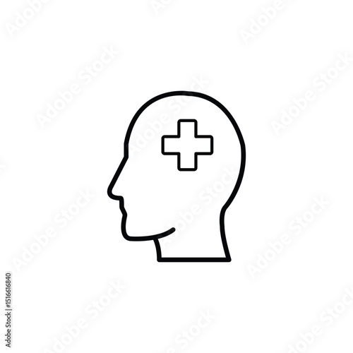 Simple line art icon depicting a head with a cross inside, symbolizing mental health and well-being.