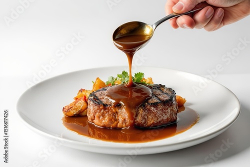 Delicious Steak with Gravy Being Poured on a White Plate, Close Up