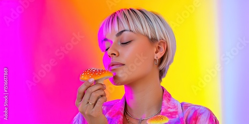 Wallpaper Mural photo of modern woman eating psychedelic mushrooms Torontodigital.ca