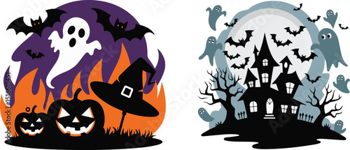 Happy Halloween typography with silhouette background vector art and illustration .
