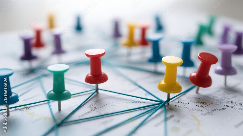 Fototapeta premium Colorful pins and string on detailed regional map highlighting travel routes and logistics networks for business and planning purposes