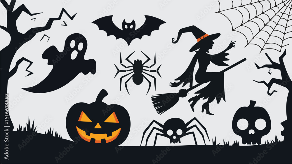 Fototapeta premium Happy Halloween typography with silhouette background vector art and illustration . 