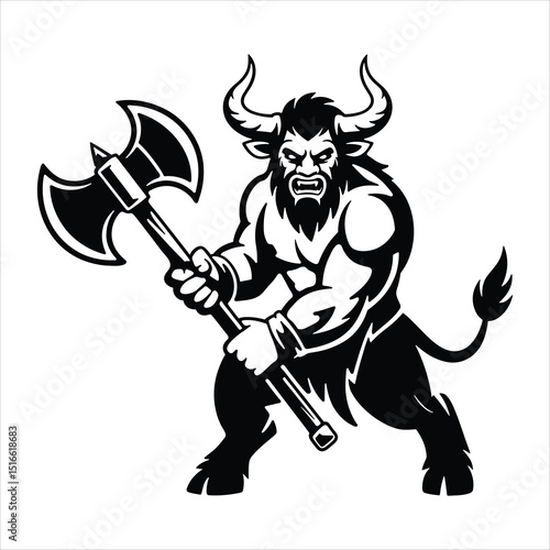 Mythical Minotaur Warrior Holding Battle Axe. Fierce Fantasy Beast Mascot Vector.