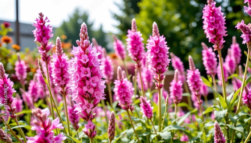 a tranquil garden scene with vibrant pink flowers that are in full bloom. the flowers are interspersed with green foliage and stand out against the softer background a tranquil garden scene with vibrant pink flowers that are in full bloom. the flowers are interspersed with green foliage and stand out against the softer background