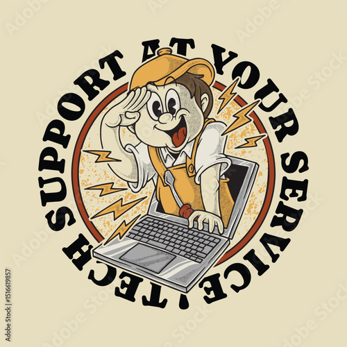 retro cartoon technician mascot emerging from laptop emblem