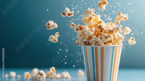 A dynamic image of popcorn bursting out of a colorful striped cup, capturing the excitement and fun of movie nights and joyful snacking.