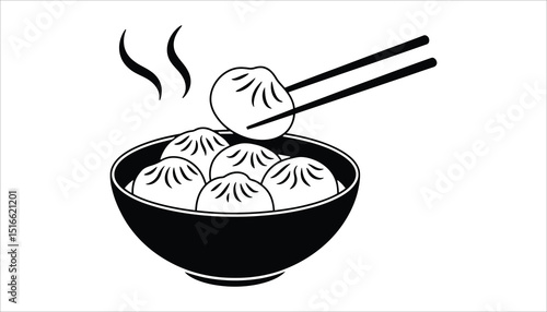 Steaming Dumplings in Bowl with Chopsticks. Asian Food Vector Illustration.
