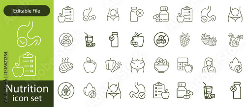 Nutrition set of web icons in line style. Healthy food linear icon collection. Containing food, vegetables, water, palm oil free, сaunt calories, zero trans fat, probiotics and more.