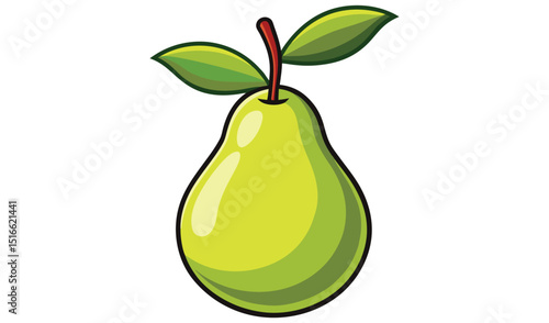 Single green pear with leaves cartoon illustration