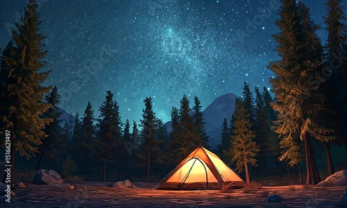 Illuminated tent nestled in a starry forest.