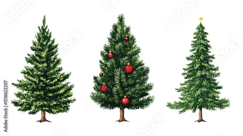 Festive Christmas Spruce Fir Trees with Ornaments Vector Illustration