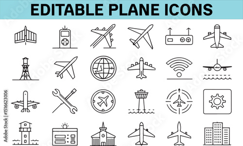 Wallpaper Mural Collection of editable black and white plane icons representing aviation and travel elements. Torontodigital.ca