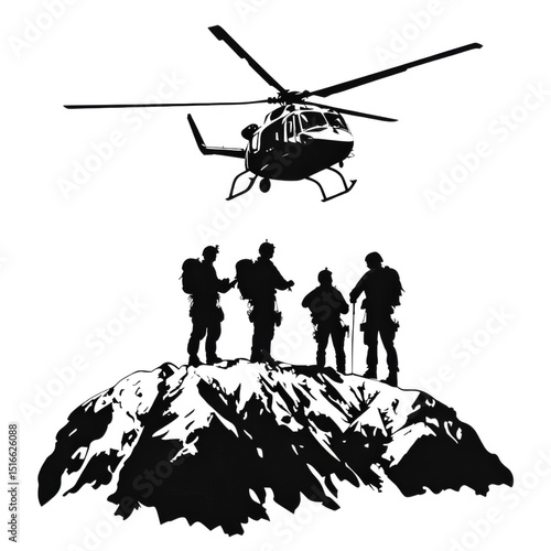 Rescue Team in Silhouette: A courageous rescue team stands atop a jagged mountain peak, their silhouettes stark against a high-flying helicopter, a symbol of hope and strength.