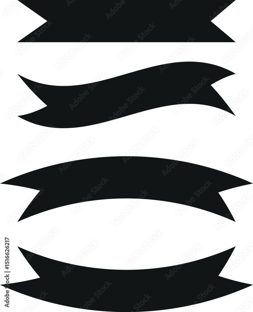 Photography Solid Black Banner Ribbon Graphics - Forked End Shapes Set