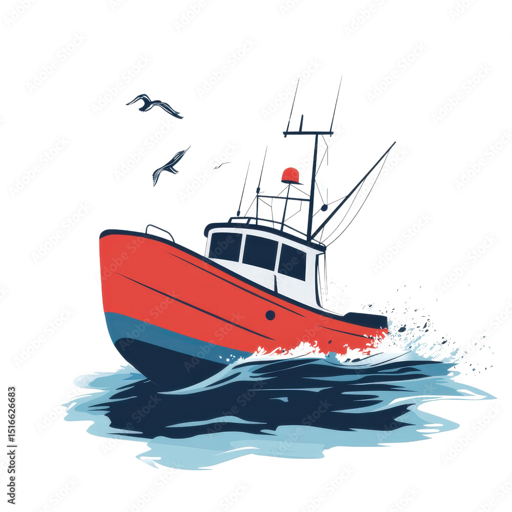 Fishing Boat's Seaside Journey: A vivid depiction of a sturdy fishing boat navigating through the vast ocean, with seagulls soaring above, evoking the allure of maritime life. Fishing Boat's Seaside Journey: A vivid depiction of a sturdy fishing boat navigating through the vast ocean, with seagulls soaring above, evoking the allure of maritime life.