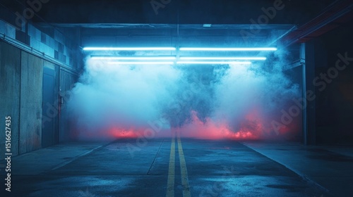 Neonlit smoky garage scene.