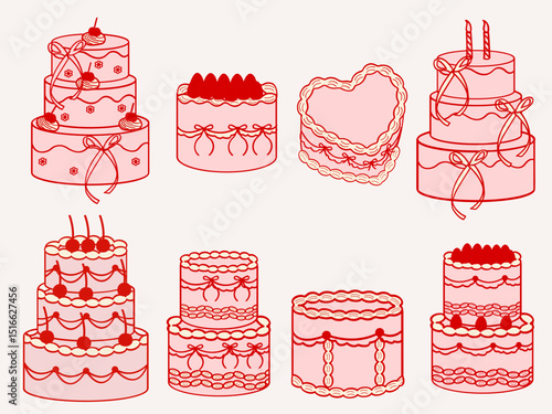Hand drawn vintage cake illustrations set. Birthday cakes, wedding cakes, heart-shaped. Vector flat doodle design for Valentines day, wedding invitation, birthday card.