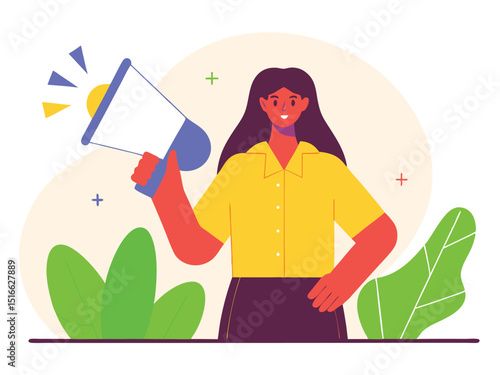 Woman with Megaphone Announcement, Communication, Awareness, Vector Illustration in Modern, Flat Design Style Vector Illustration