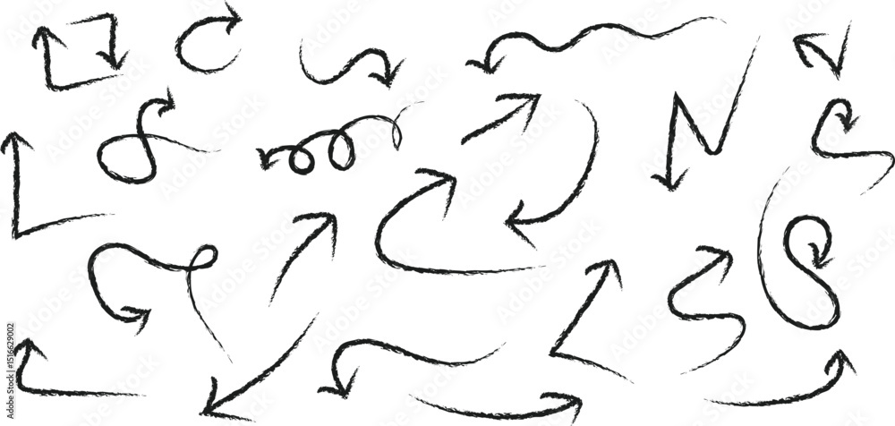 Hand drawn curly arrows in random directions, sketch vector arrow collection Hand drawn curly arrows in random directions, sketch vector arrow collection