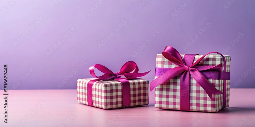 Obraz premium Two Presents Wrapped in Pink and Purple Gingham Pattern with Elegant Ribbons Sitting on a Pink Surface Against a Lavender Background