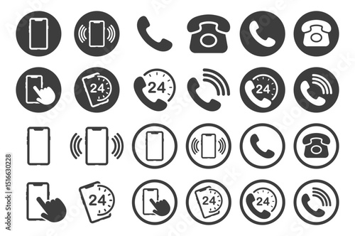 Phone contact connection icon symbol set. Smartphone, Old phone logo sign shape collection. 24 7 hour service. Vector illustration image. Isolated on white background.