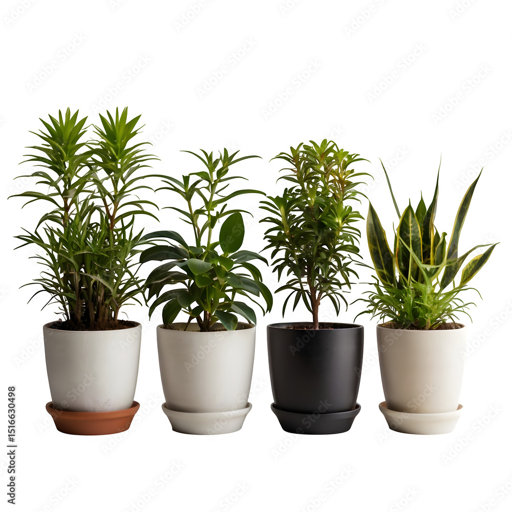 Four houseplants in pots isolated on transparent background Four houseplants in pots isolated on transparent background